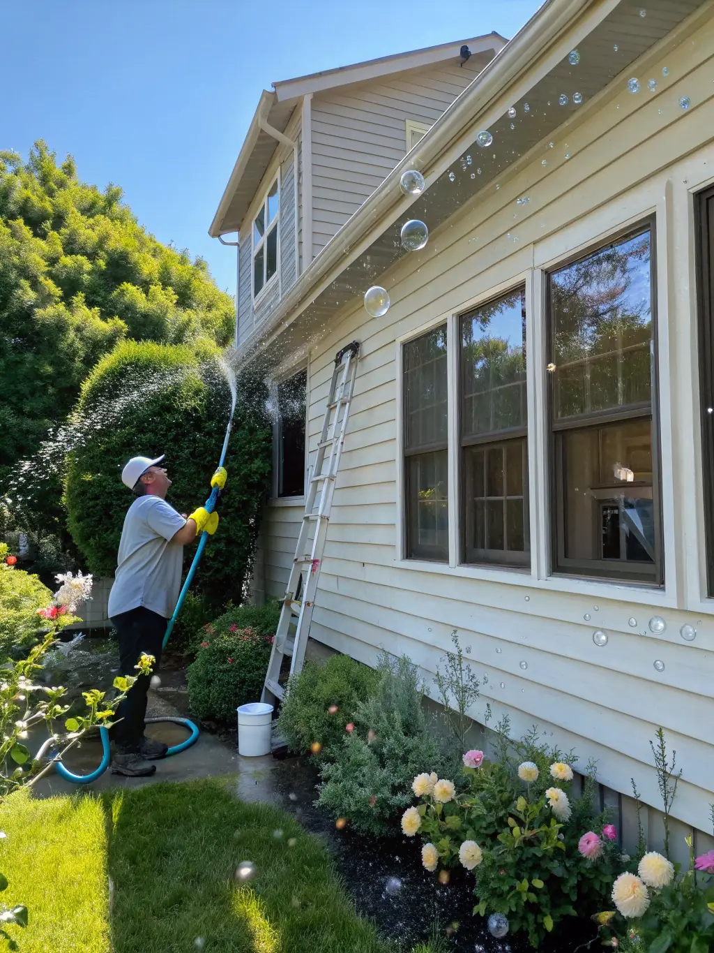 A high-resolution image of a house being soft washed, showcasing the gentle yet effective cleaning process. The house should have a clean and revitalized appearance, with no visible dirt or algae.