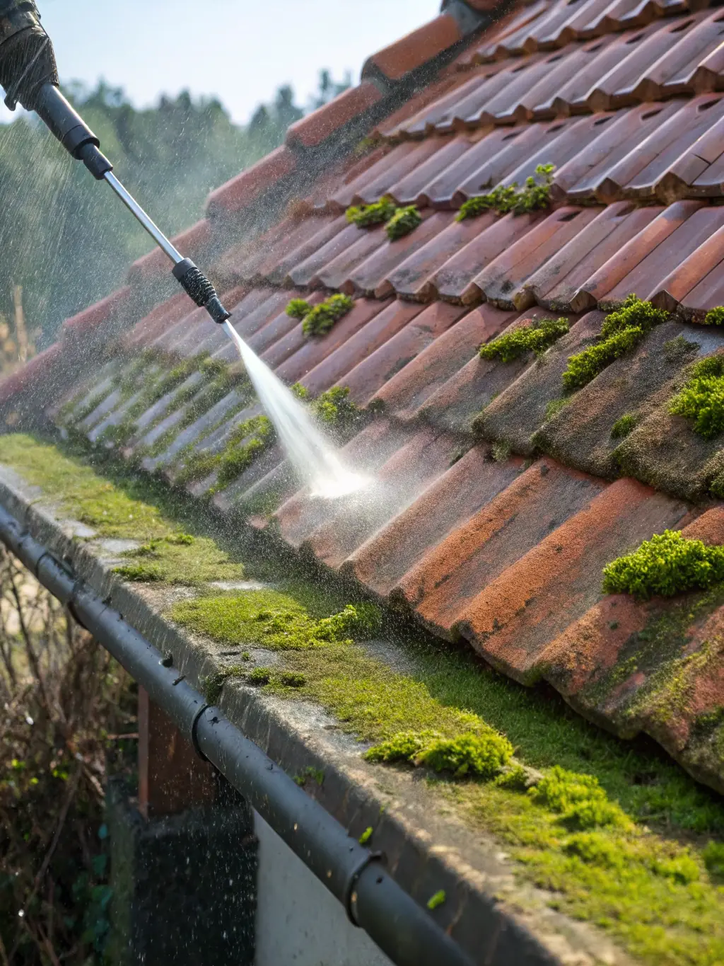 An image of a roof being cleaned, highlighting the removal of moss and algae. The roof should look clean and well-maintained after the cleaning process.