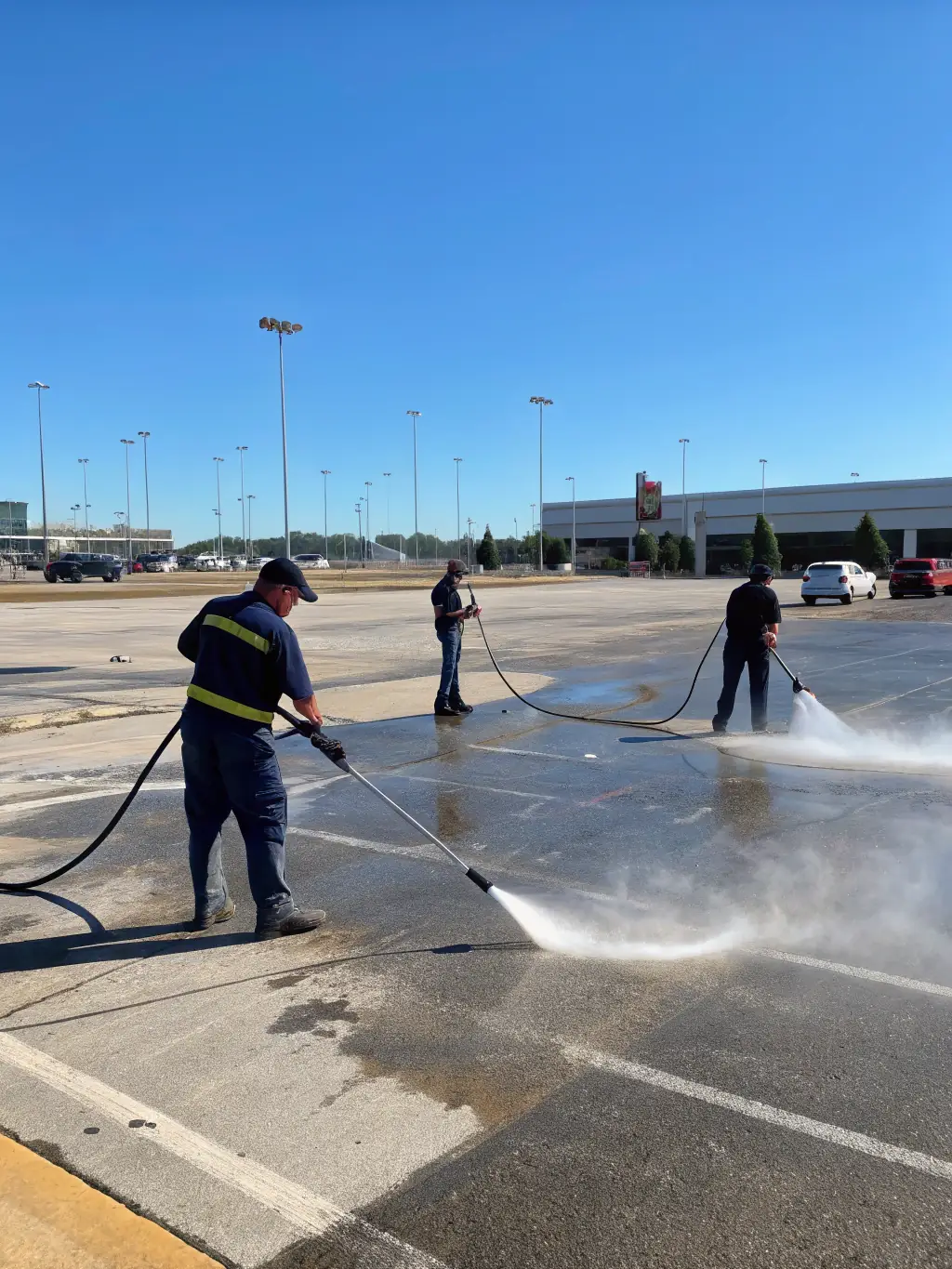 A team of experienced Master's Touch technicians in uniform, working efficiently to clean a large commercial driveway in San Antonio, TX.