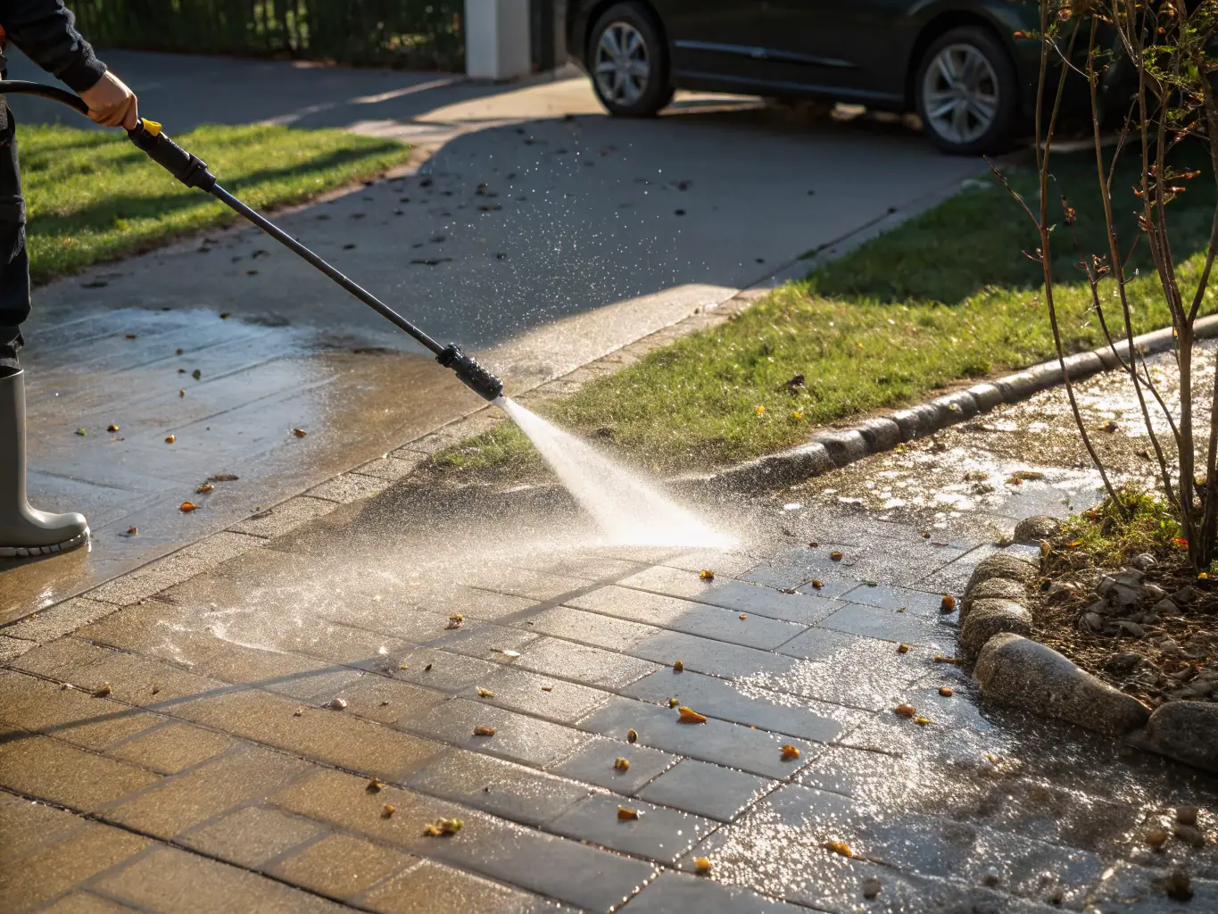 A driveway in San Antonio being cleaned with a power washer, demonstrating the removal of oil stains and dirt. The image should emphasize the power and precision of driveway cleaning services.