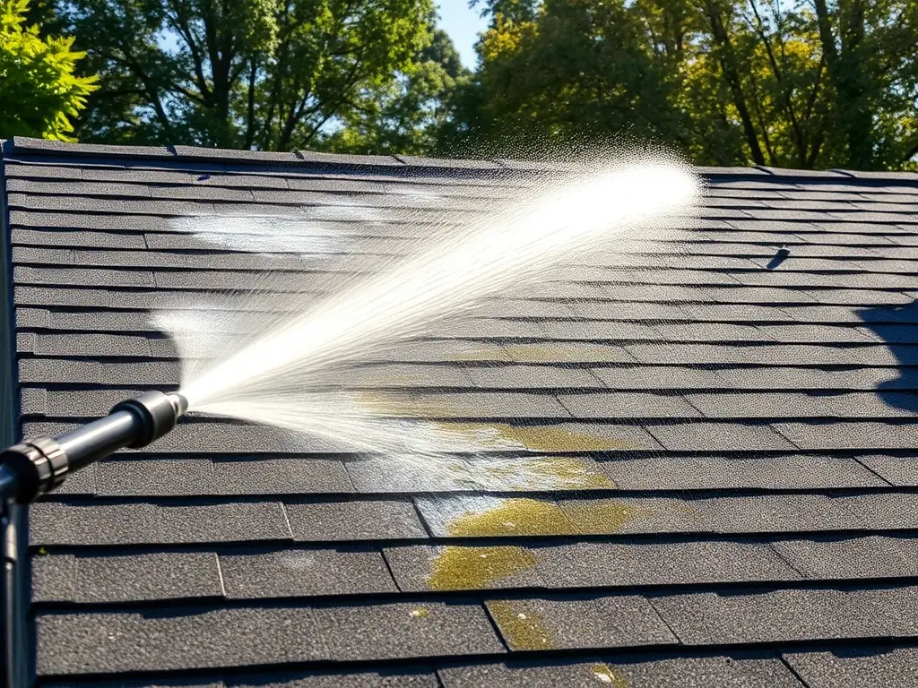 A roof in San Antonio being gently washed to remove moss and algae, showcasing the care and effectiveness of roof washing services. The image should convey the importance of maintaining a clean roof.