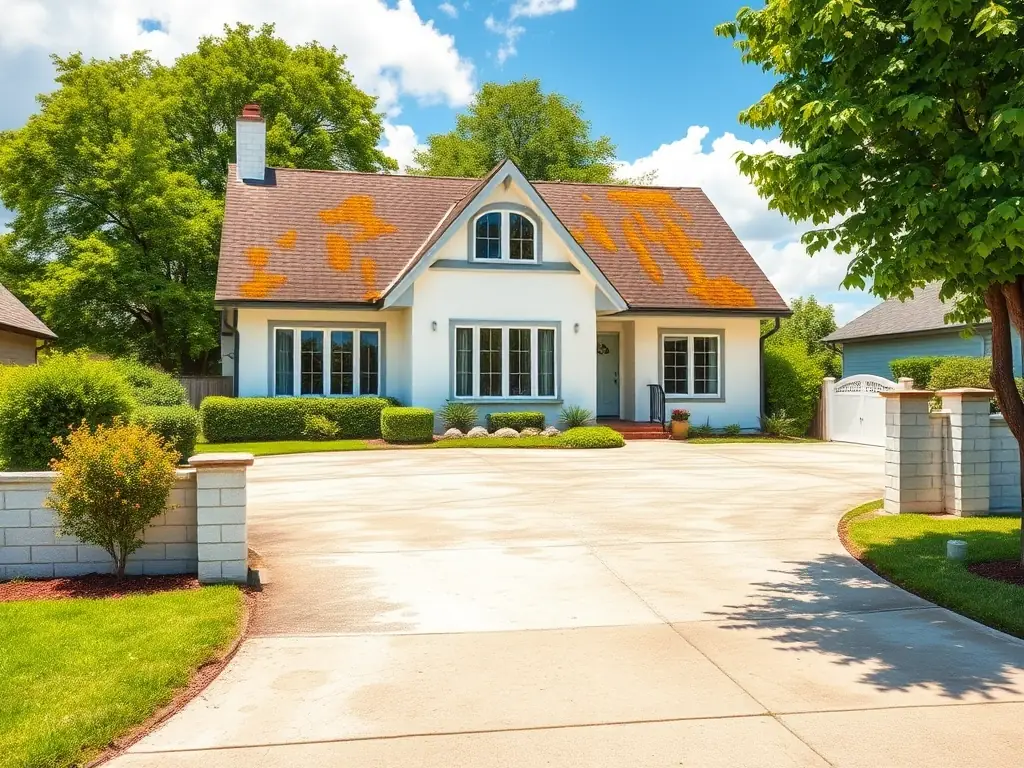 A residential house in San Antonio being power washed, showing a clear difference between the clean and dirty sections of the wall. The image should highlight the effectiveness of house washing services.
